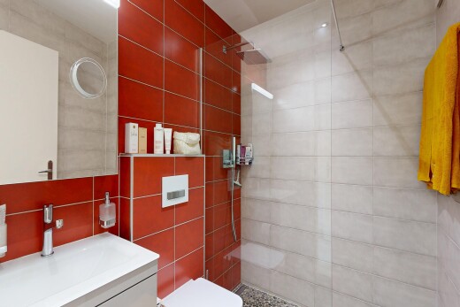 salle de bains avec lavabo (ou coiffeuse selon le contexte), douche, miroir, salle de bain complète, et tile wall