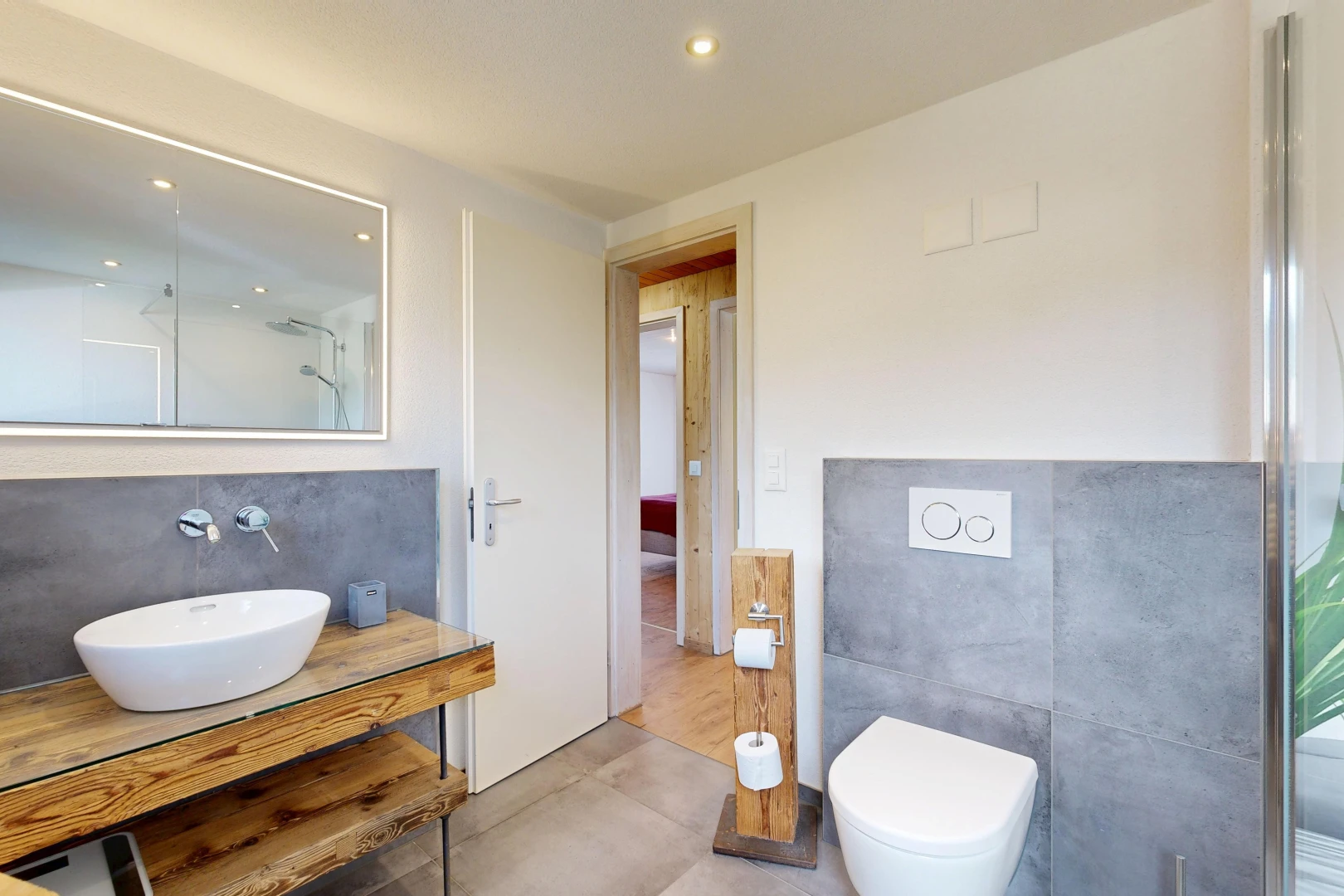 bad mit komplettes badezimmer, waschbecken, dusche, einbauleuchten, und schminktisch