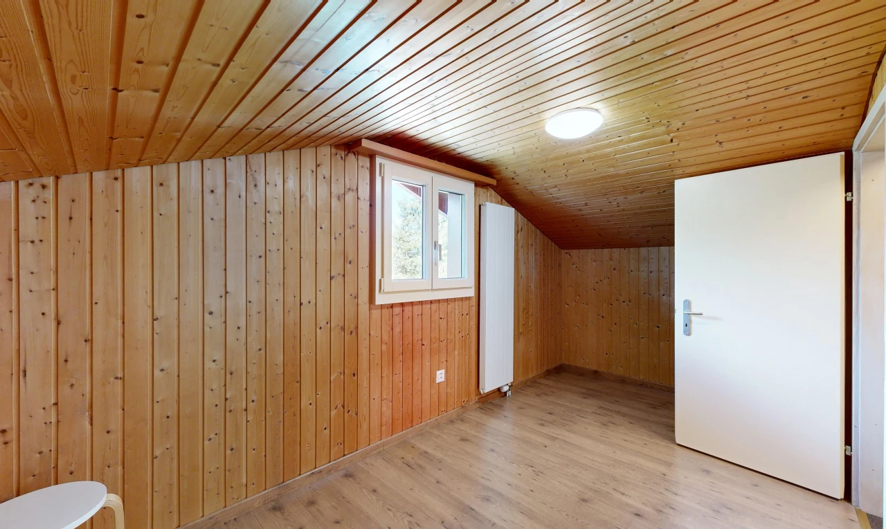leerer raum mit low ceiling, niedrige decke, dated wood wall, zusätzliches zimmer, und wood wall