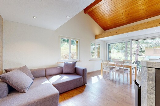 wohn- / esszimmer mit high end ceiling, dachschräge, vaulted ceiling, holzfußboden, und wood finish floor