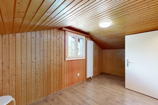 leerer raum mit low ceiling, niedrige decke, dated wood wall, zusätzliches zimmer, und wood wall
