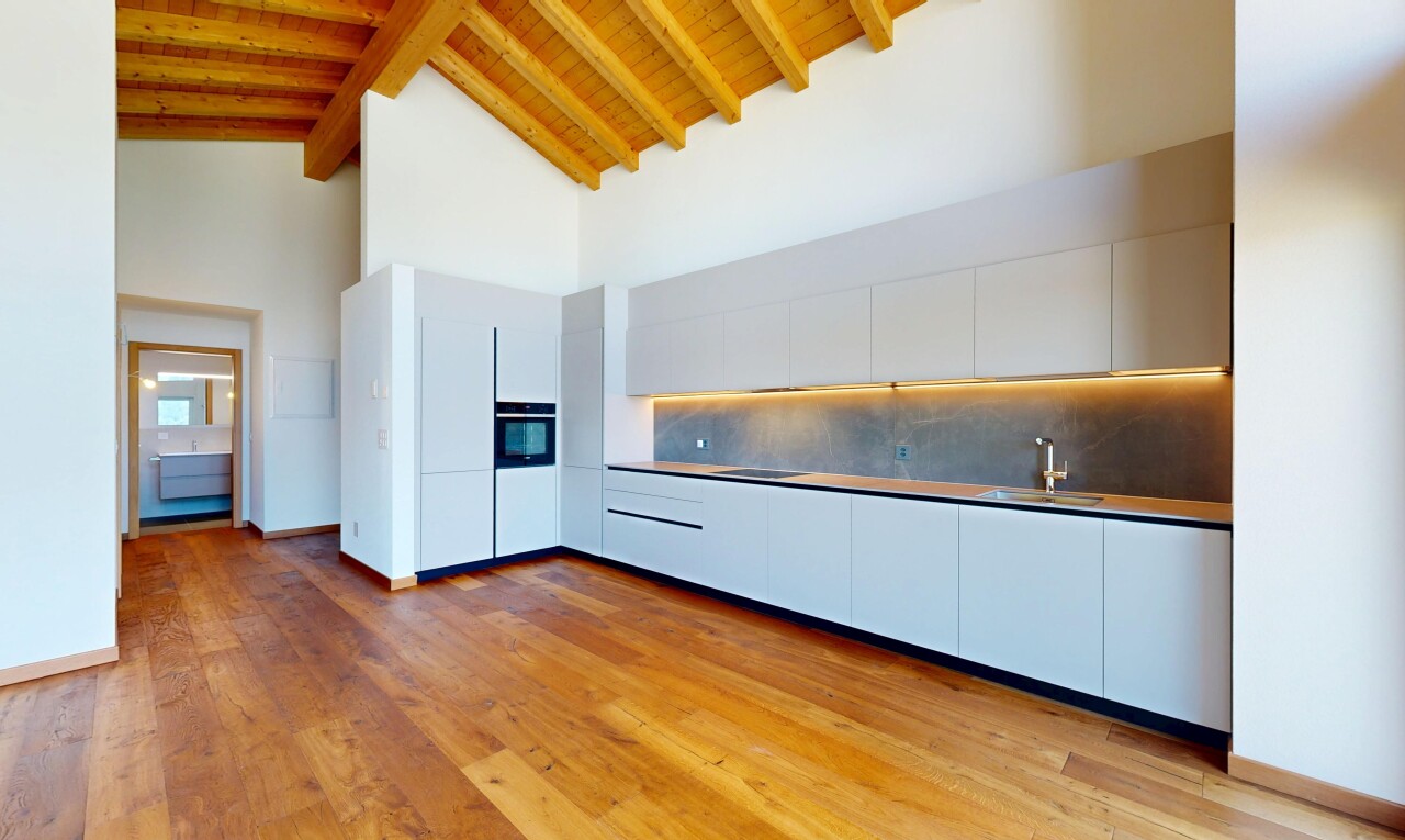 küche mit high ceiling, schränke mit flachen paneelen, flat panel cabinets, inside community, und wood ceiling