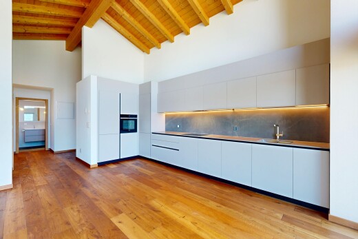 küche mit high ceiling, schränke mit flachen paneelen, flat panel cabinets, inside community, und wood ceiling