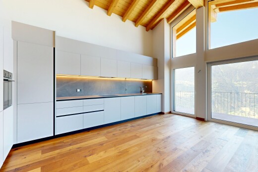 küche mit flat panel cabinets, schränke mit flachen paneelen, holzfußboden, wood finish floor, und dachschräge