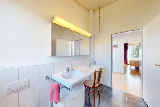 bad mit spiegel, gipskartonwand, drywall, natürliches licht, und natural light