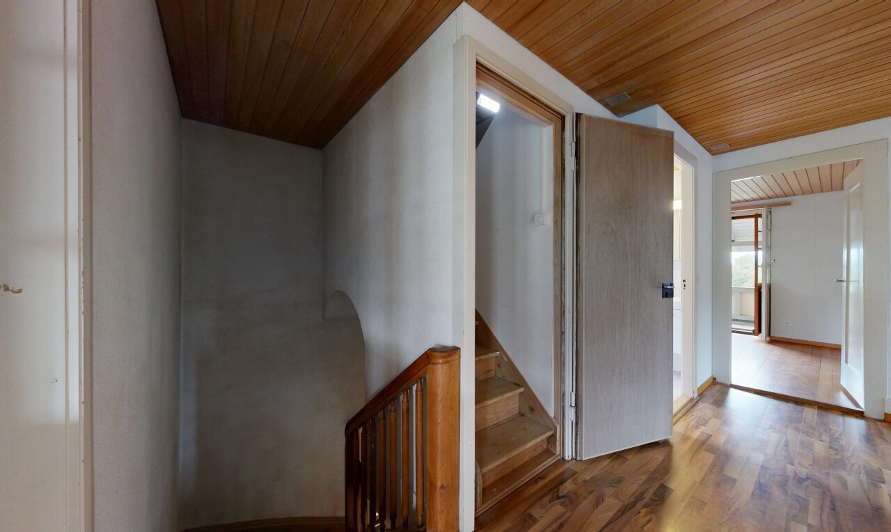 treppe mit wood ceiling, holzdecke, treppen, inside property, und high end ceiling