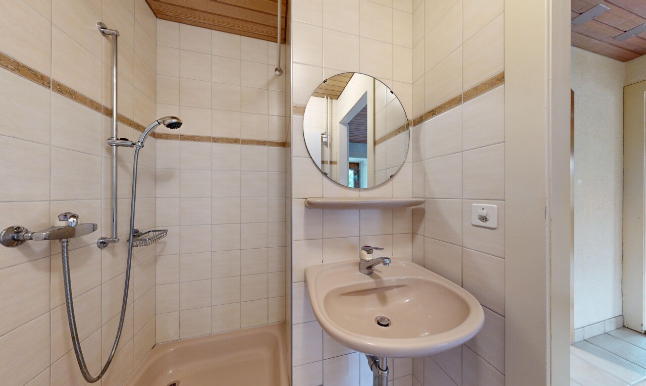 bad mit dusche, komplettes badezimmer, spiegel, waschbecken, und fliesenwand