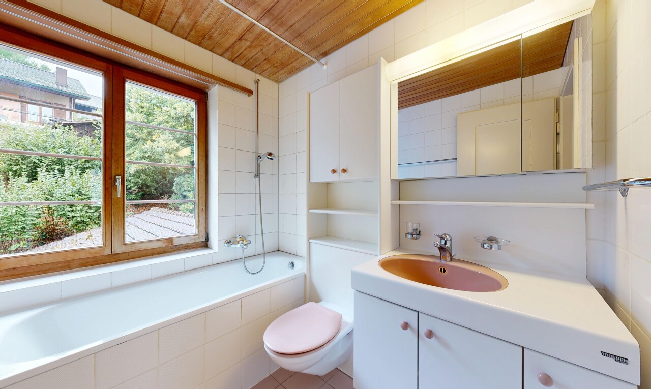 bad mit komplettes badezimmer, spiegel, schminktisch, toilette, und holzdecke