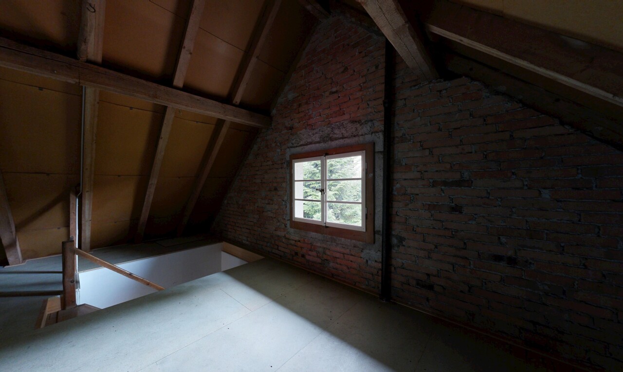 leerer raum mit brick wall, ziegelwand, vaulted ceiling, dachschräge, und natürliches licht