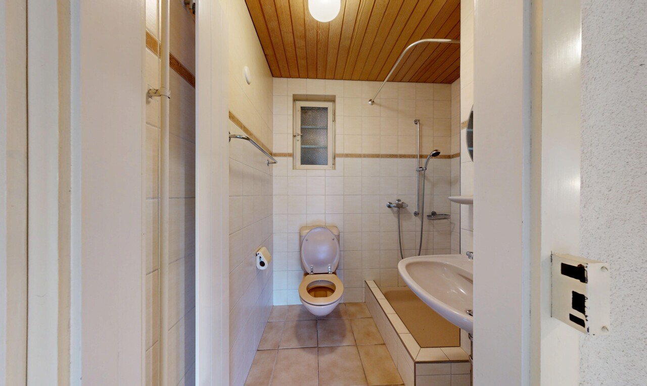 bad mit toilette, tile wall, fliesenwand, dusche, und waschbecken