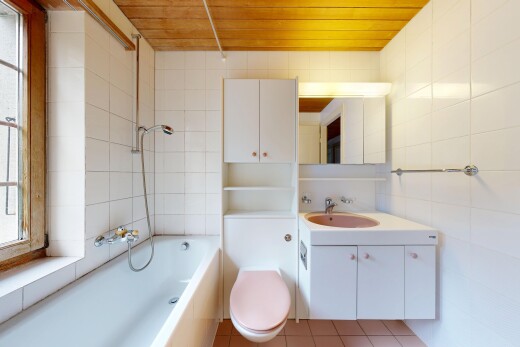 bad mit komplettes badezimmer, tile wall, fliesenwand, schminktisch, und spiegel