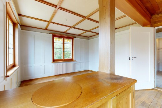 esszimmer mit kühler, coffered ceiling, kassettendecke, wood finish floor, und holzfußboden