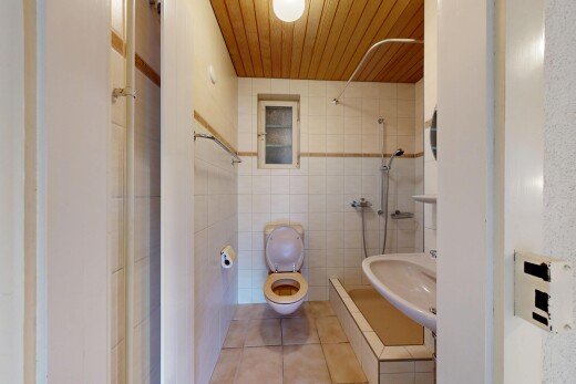 bad mit toilette, tile wall, fliesenwand, dusche, und waschbecken