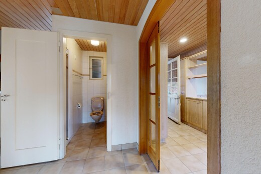 halle / korridor mit light floor, inside property, holzdecke, wood ceiling, und fliesenboden