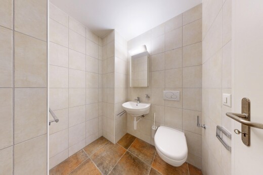 salle de bains avec tile wall, mur en carrelage, miroir, toilette, et inside property