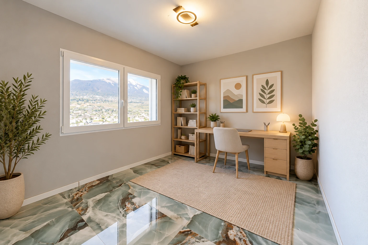 bureau avec vue sur la montagne, mountain view, drywall, cloison sèche, et baseboards wall
