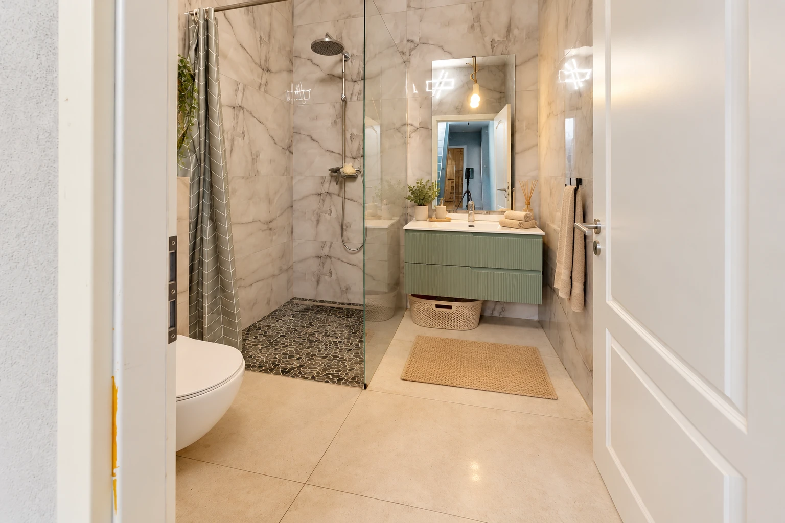salle de bains avec douche, lavabo (ou coiffeuse selon le contexte), salle de bain complète, toilette, et miroir