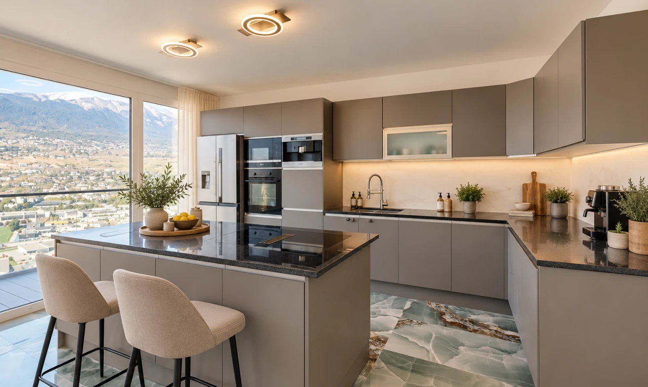 cuisine avec dark countertops, îlot de cuisine, kitchen island, armoires grises, et gray cabinets