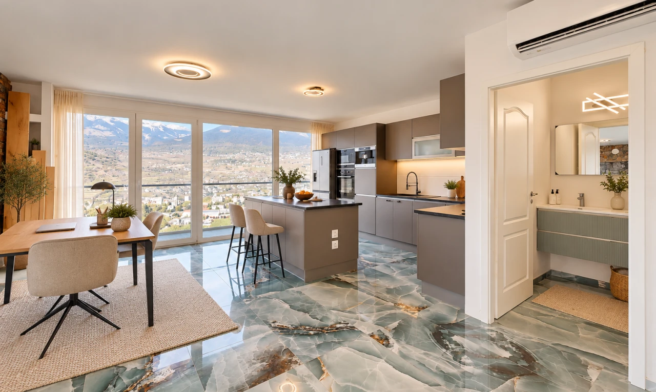 salle à manger avec climatiseur mural, vue sur la montagne, mountain view, marble finish floor, et sol en finition marbre