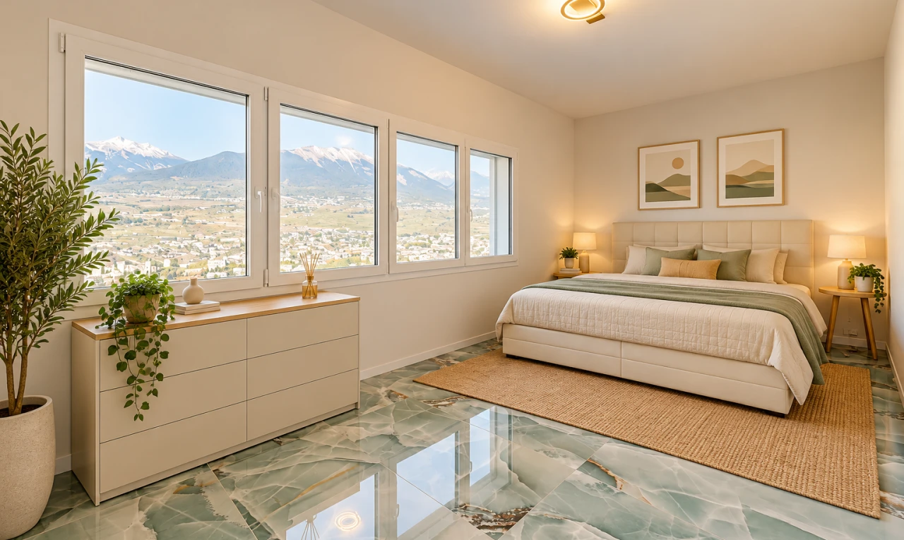 chambre avec vue sur la montagne, mountain view, drywall, cloison sèche, et day time