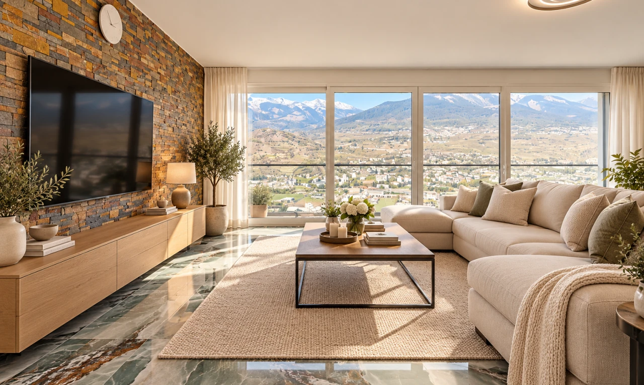 salon avec vue sur la montagne, mountain view, télévision, stone wall, et mur en pierre