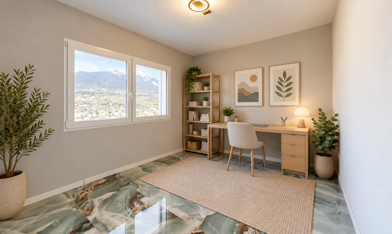 bureau avec vue sur la montagne, mountain view, drywall, cloison sèche, et baseboards wall