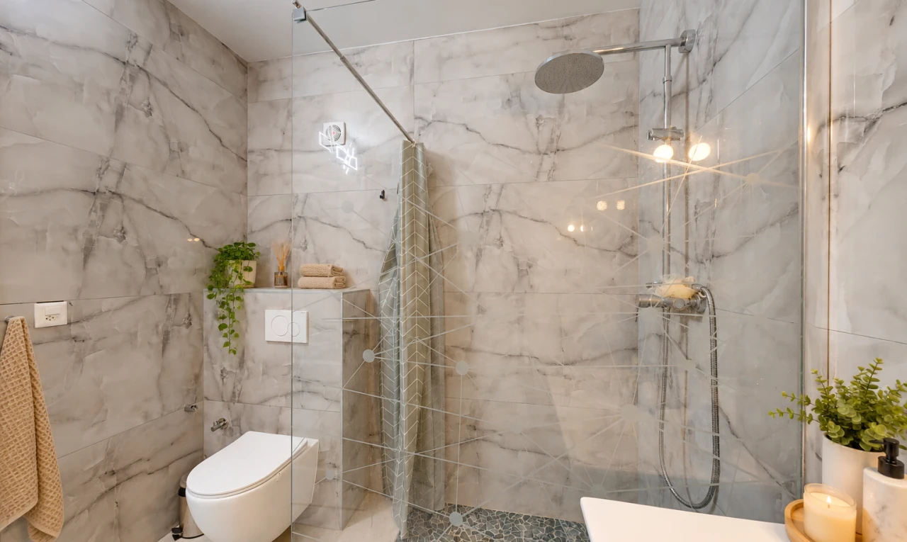 salle de bains avec salle de bain complète, douche, tile wall, mur en carrelage, et inside property