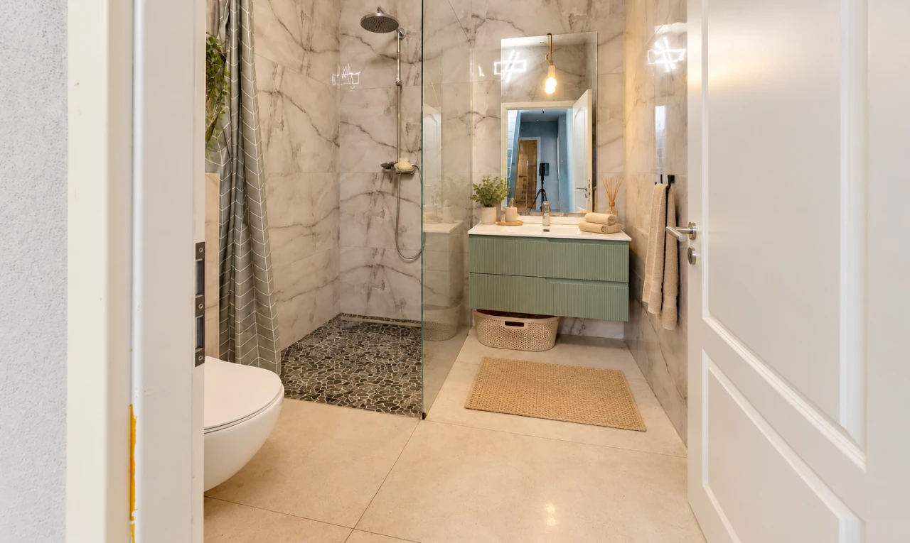 salle de bains avec douche, lavabo (ou coiffeuse selon le contexte), salle de bain complète, toilette, et miroir