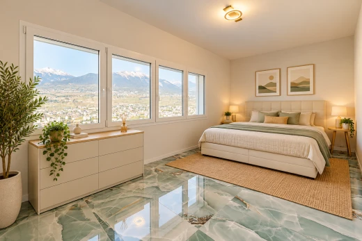 chambre avec vue sur la montagne, mountain view, drywall, cloison sèche, et day time