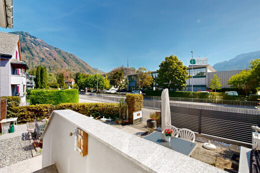 terrace featuring a mountain view