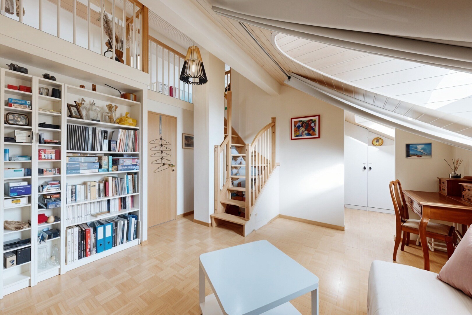 salon / salle à manger avec escaliers, cloison sèche, drywall, inside property, et parquet floor