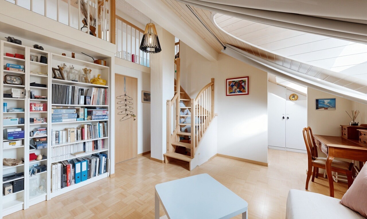 salon / salle à manger avec escaliers, cloison sèche, drywall, inside property, et parquet floor