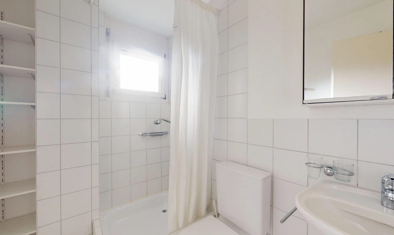 salle de bains avec miroir, salle de bain complète, évier, douche, et toilette