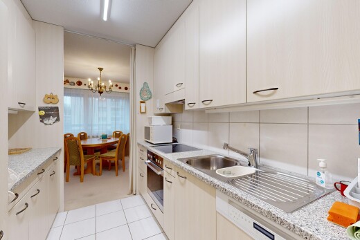 küche mit ofen, herd, waschbecken, küchenrückwand beim herd, und mikrowelle