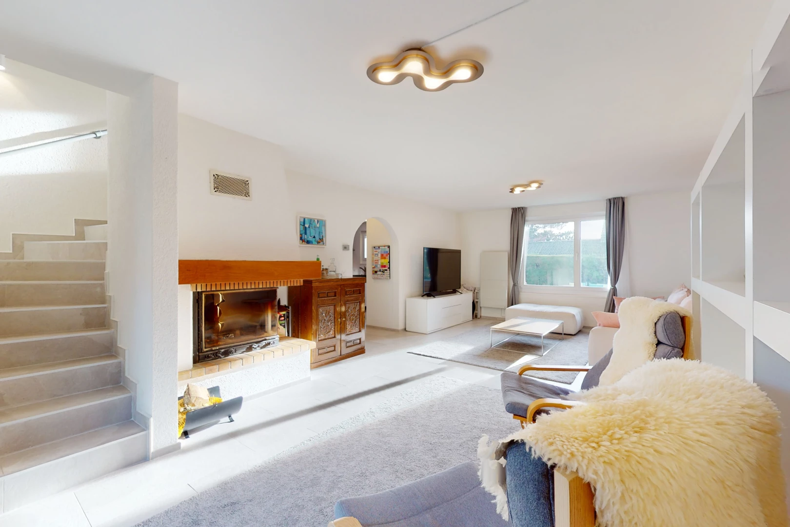 salon avec cheminée, lumière naturelle, moquette, et télévision