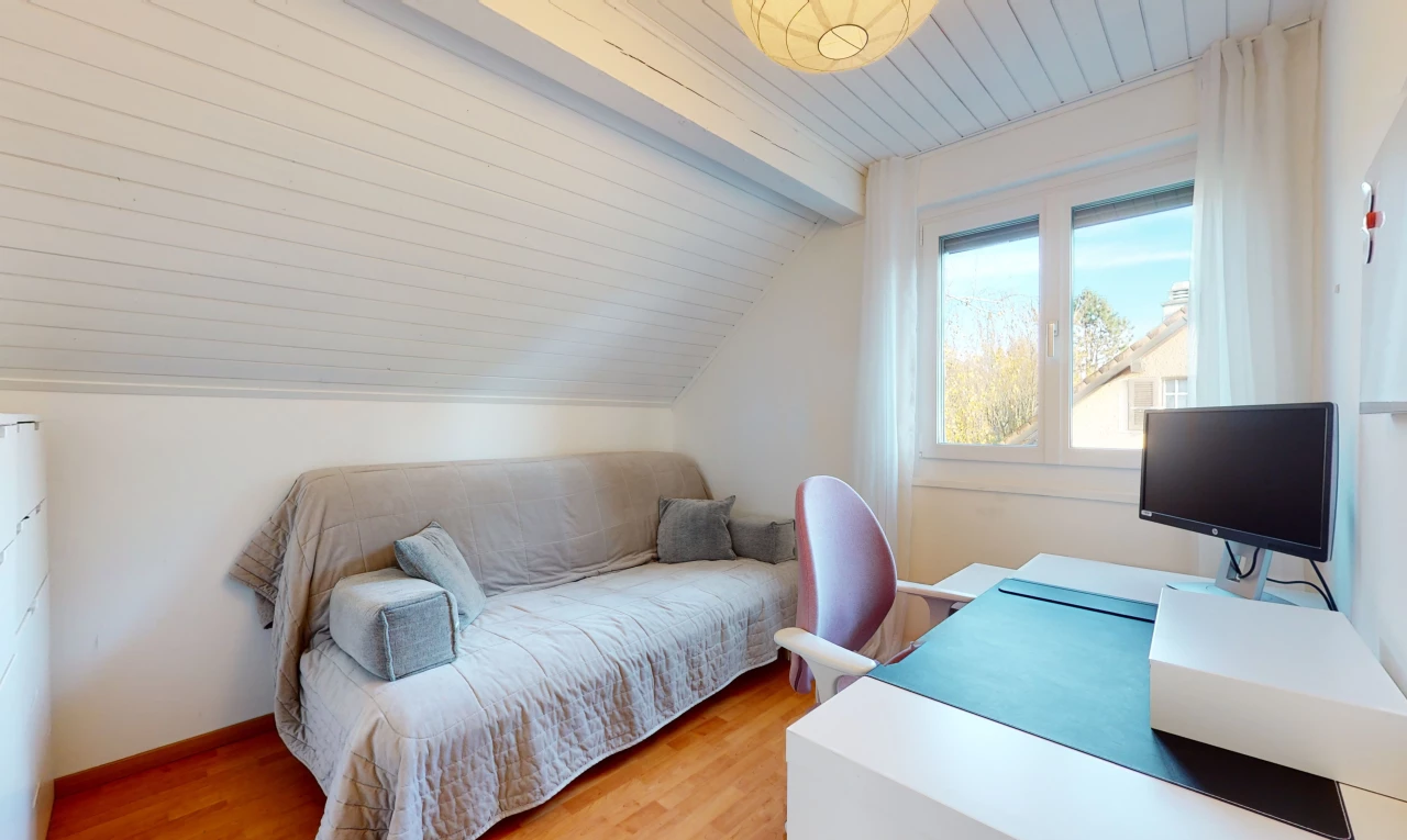 chambre à coucher avec lumière naturelle, plafond voûté, parquet, et télévision