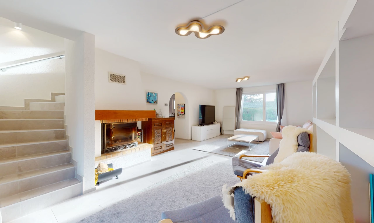 salon avec cheminée, lumière naturelle, moquette, et télévision
