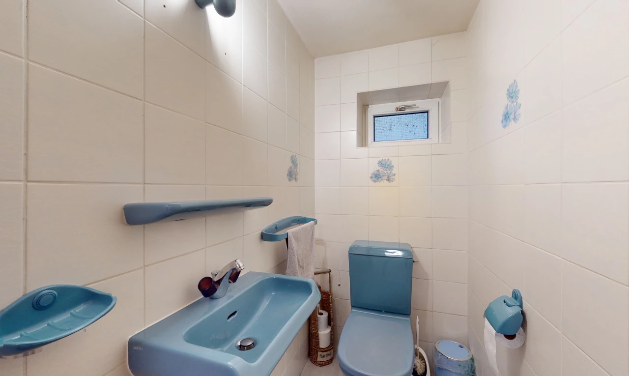 salle de bains avec vasque, toilettes, et miroir