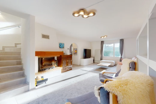 salon avec cheminée, lumière naturelle, moquette, et télévision