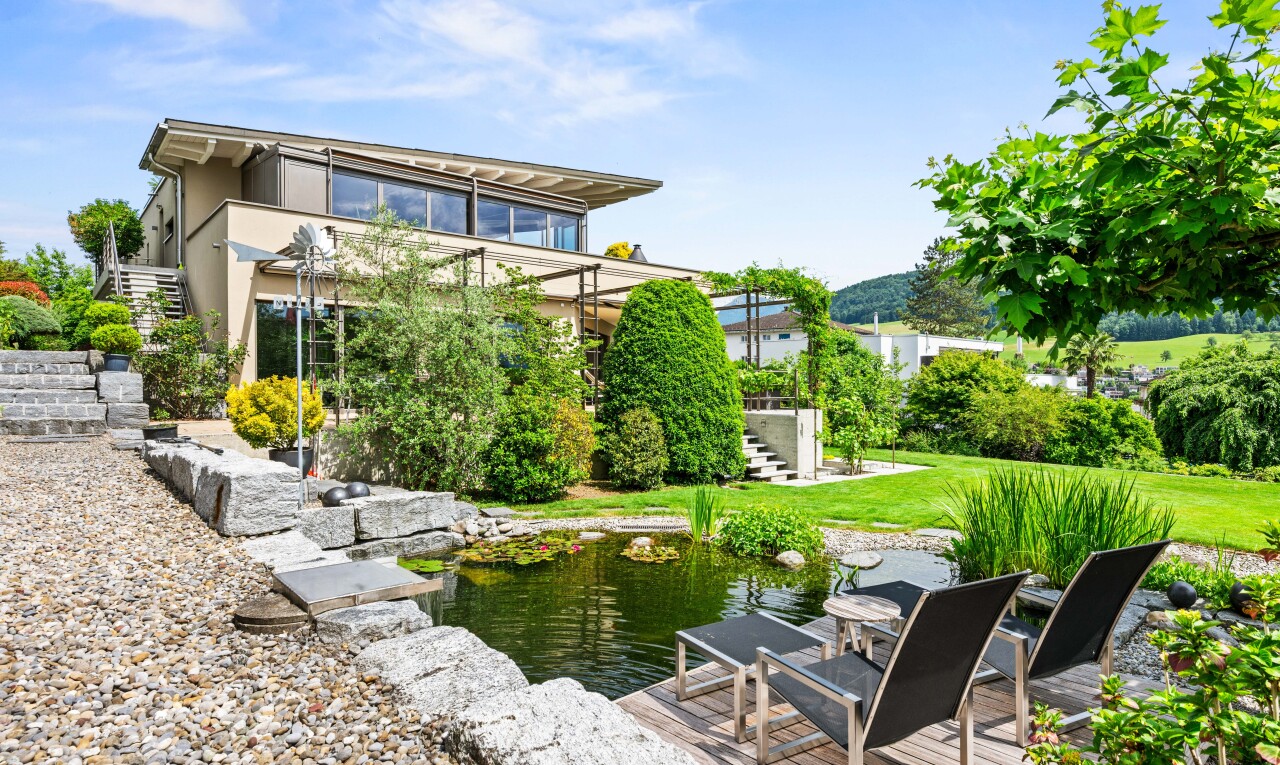 garten mit treppen, garden pond, garten teich, from property, und day time
