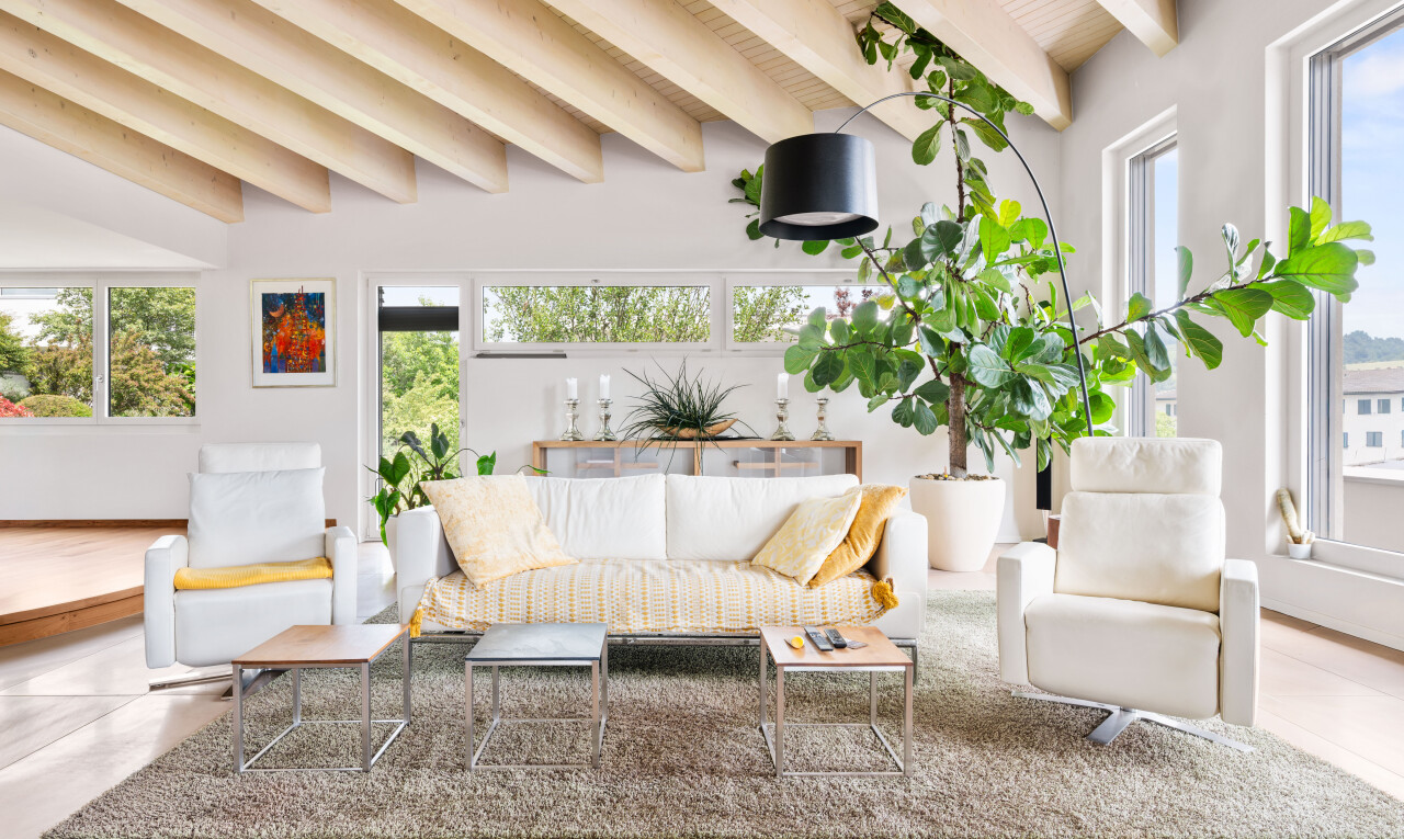wohnzimmer mit beamed ceiling, balkendecke, inside property, drywall, und gipskartonwand