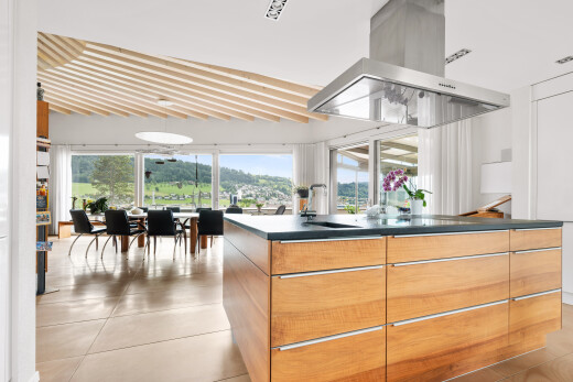 küche mit schränke mit flachen paneelen, flat panel cabinets, dunstabzugshaube, kücheninsel, und kitchen island