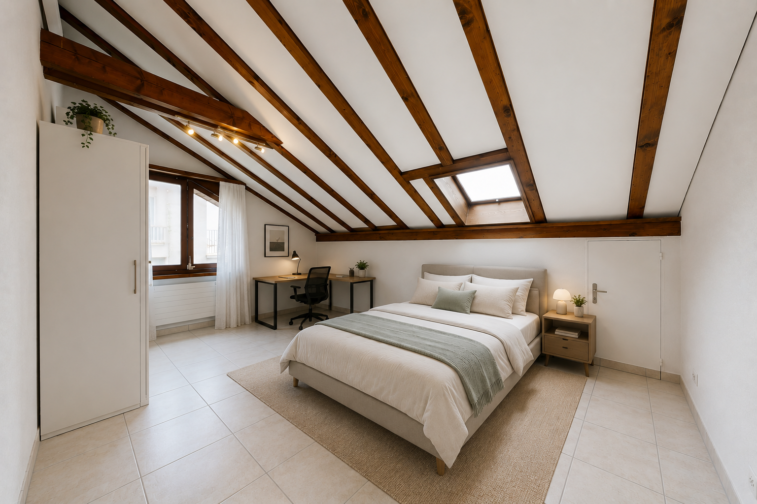zimmer / schlafzimmer mit vaulted ceiling, dachschräge, drywall, gipskartonwand, und beamed ceiling