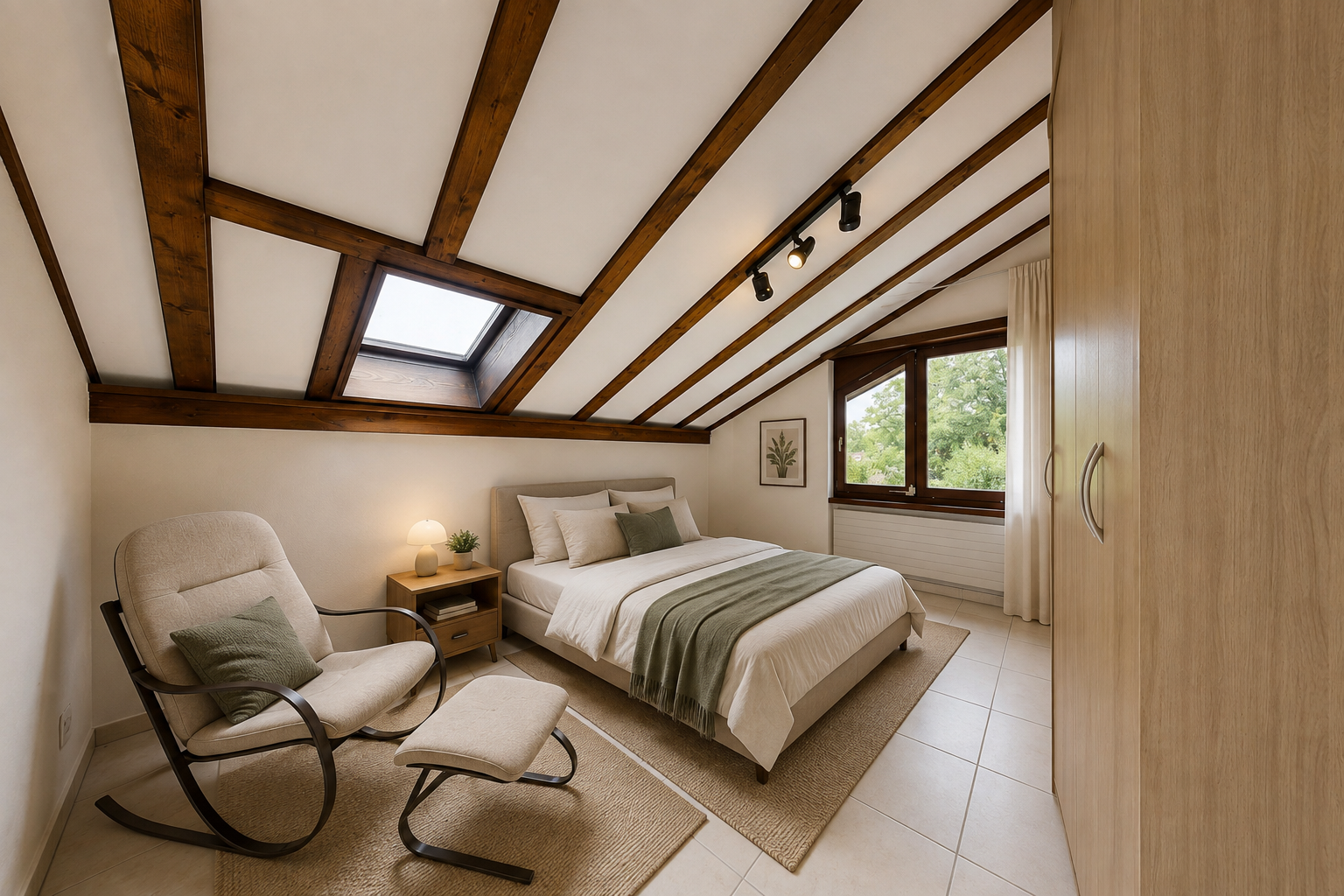 zimmer / schlafzimmer mit deckenbeleuchtung, vaulted ceiling, dachschräge, beamed ceiling, und balkendecke