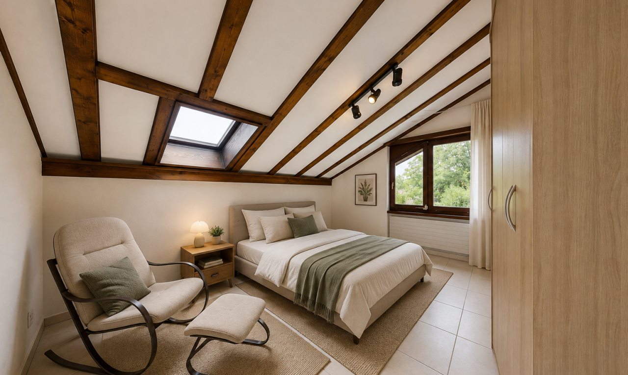 zimmer / schlafzimmer mit deckenbeleuchtung, vaulted ceiling, dachschräge, beamed ceiling, und balkendecke