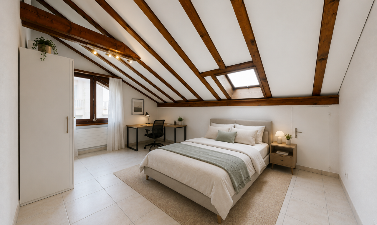 zimmer / schlafzimmer mit vaulted ceiling, dachschräge, drywall, gipskartonwand, und beamed ceiling