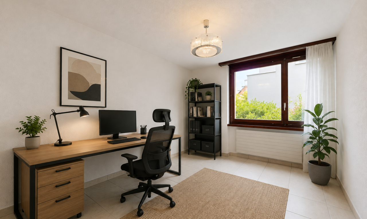 büro mit fernseher, virtually staged, sockelleisten, baseboards wall, und light floor