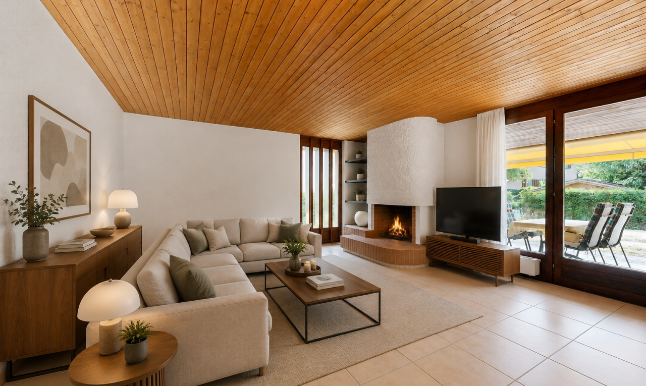 wohnzimmer mit eingebaute regale, fernseher, wood ceiling, holzdecke, und kamin