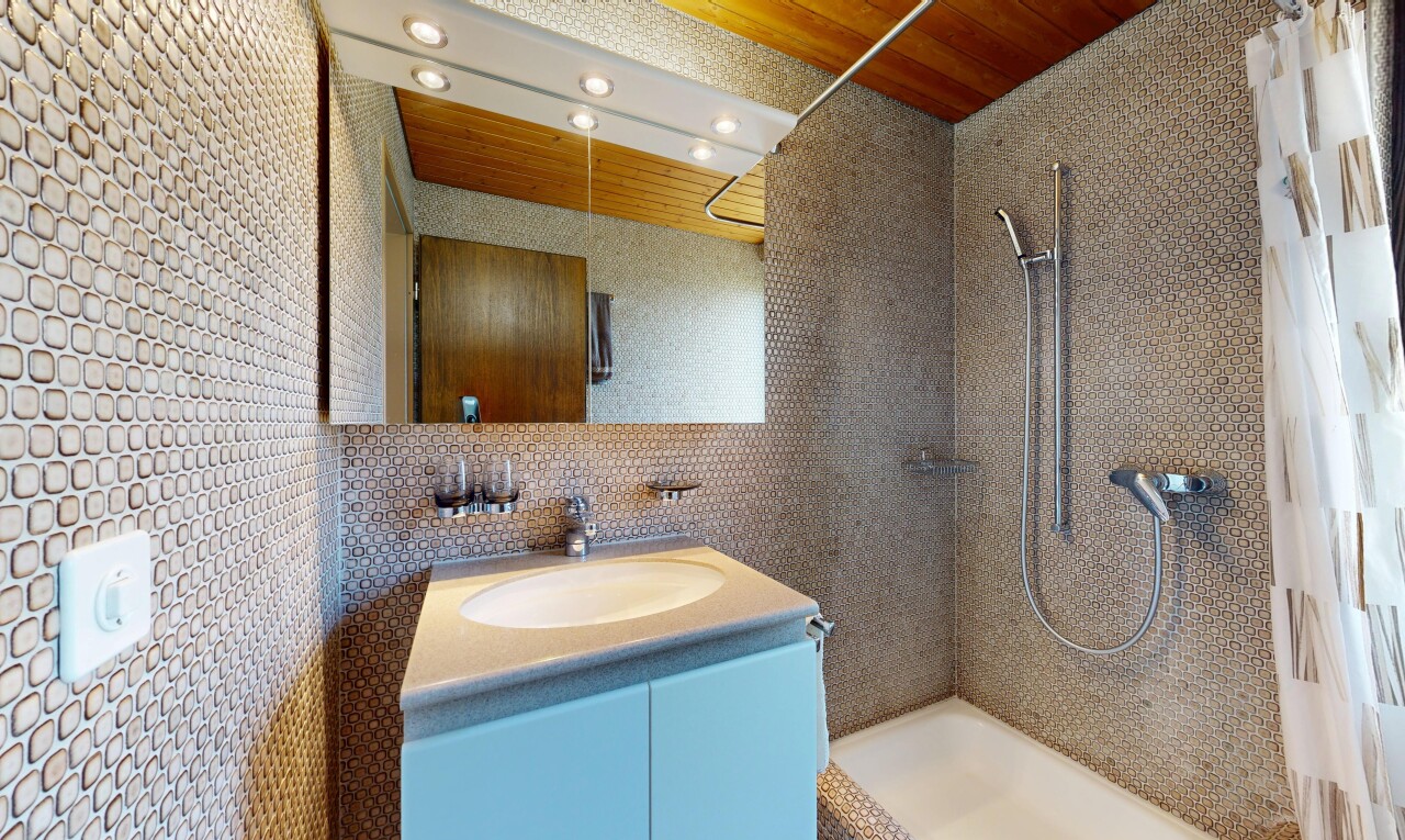 bad mit dusche, komplettes badezimmer, waschbecken, schminktisch, und fliesenwand