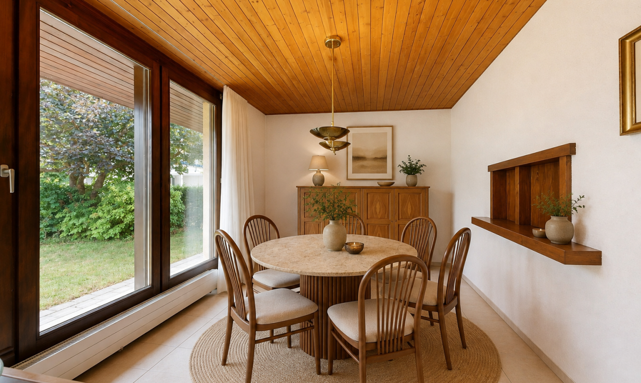 esszimmer mit inside property, holzdecke, wood ceiling, gipskartonwand, und drywall